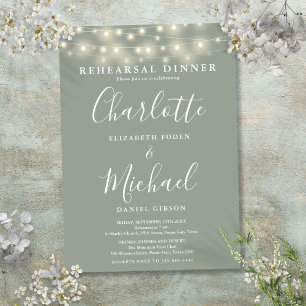 String Lights Sage Green Script Rehearsal Dinner Invitation