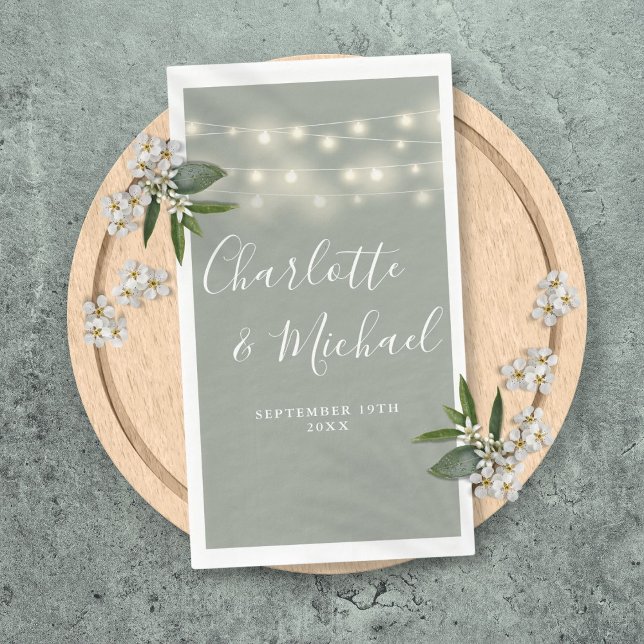 String Lights Sage Green Signature Script Wedding Napkin (String Lights Sage Green Signature Script Wedding Paper Guest Towels)
