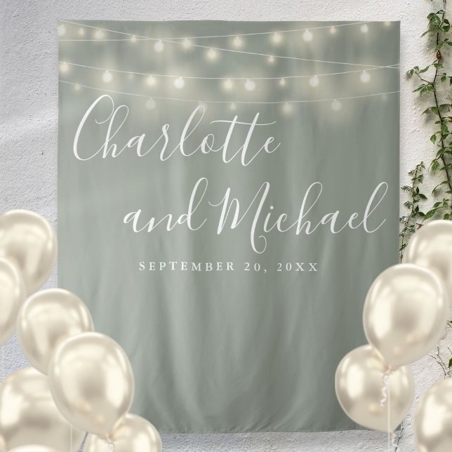 String Lights Sage Green Wedding Photo Backdrop Tapestry (String Lights Sage Green Wedding Photo Backdrop)