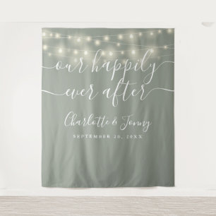 String Lights Sage Green Wedding Photo Backdrop Tapestry