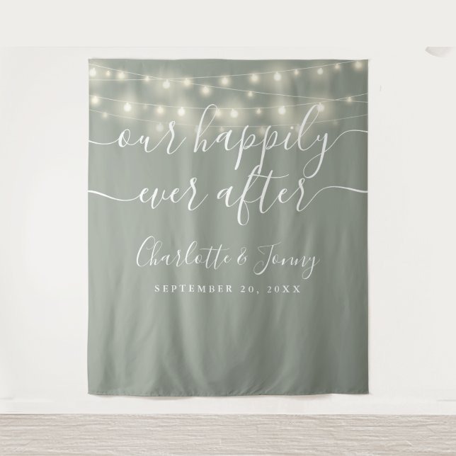 String Lights Sage Green Wedding Photo Backdrop Tapestry (Front)