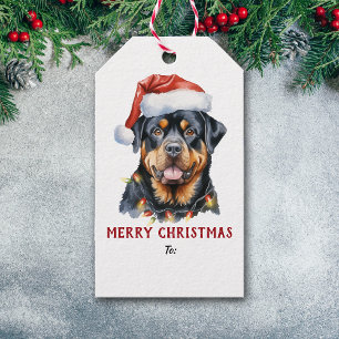 String Lights Santa Hat Rottweiler Dog Christmas Gift Tags