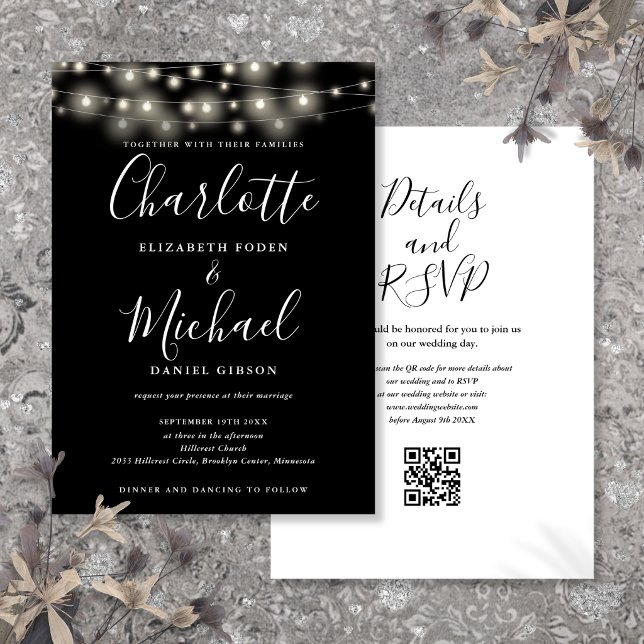 String Lights Script Black White QR Code Wedding Invitation (String Lights Script Black White QR Code Wedding Invitation)