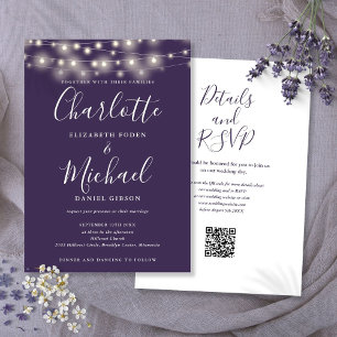 String Lights Script Purple QR Code Wedding Invitation