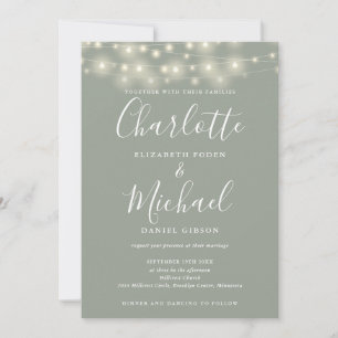 String Lights Script Sage Green QR Code Wedding Invitation