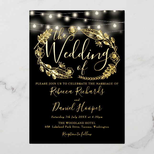String Lights Script Wedding Black And Gold  (Front)