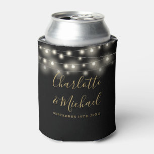 String Lights Signature Script Black Gold Wedding Can Cooler