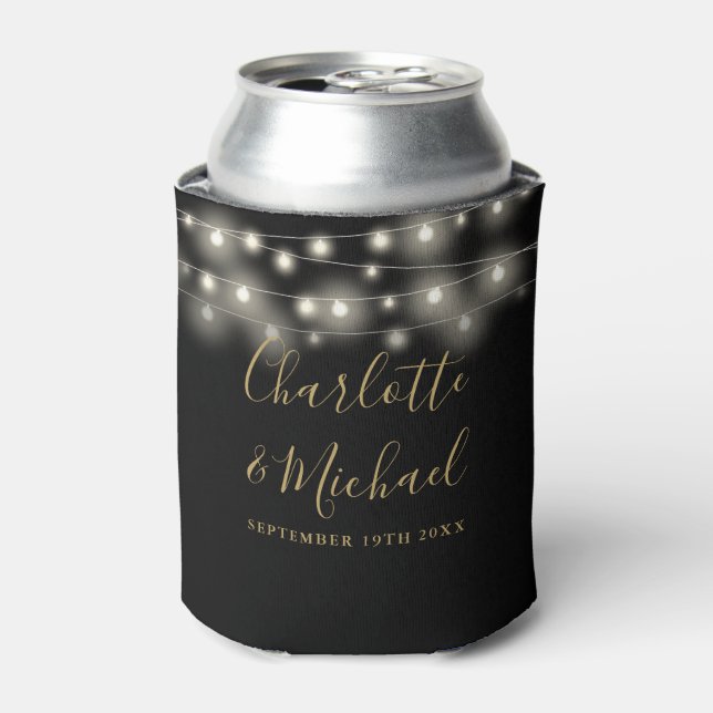 String Lights Signature Script Black Gold Wedding Can Cooler (Can Front)