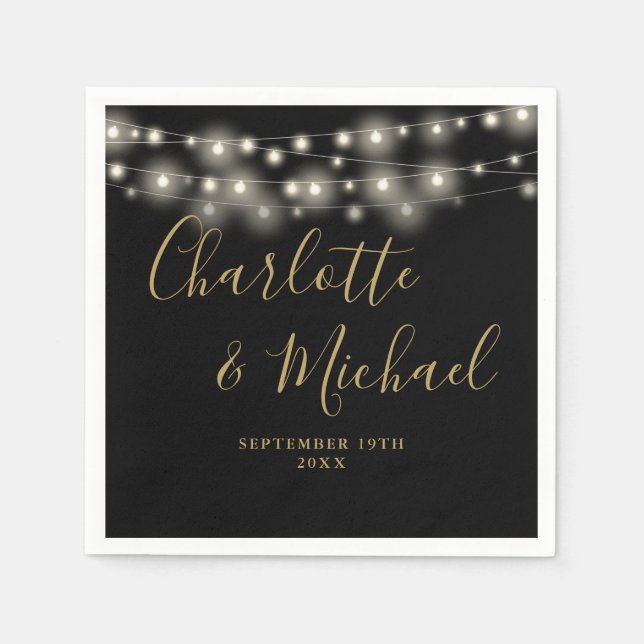 String Lights Signature Script Black Gold Wedding Napkin (Front)