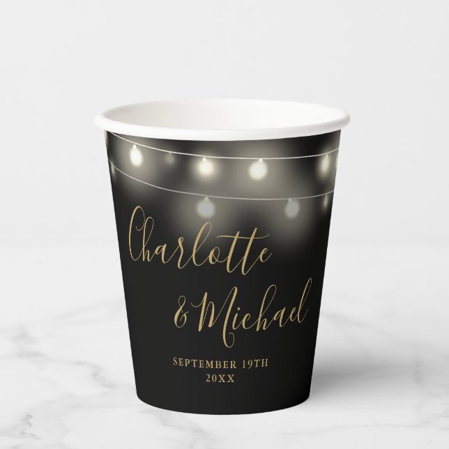 String Lights Signature Script Black Gold Wedding Paper Cups (Front)