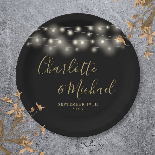 String Lights Signature Script Black Gold Wedding Paper Plate (String Lights Signature Script Black Gold Wedding Paper Plates)
