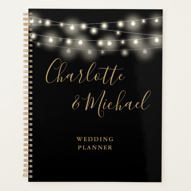 String Lights Signature Script Black Gold Wedding Planner (Front)