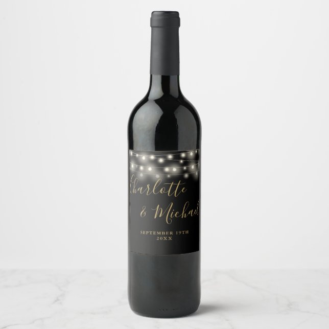 String Lights Signature Script Black Gold Wedding Wine Label (Front)
