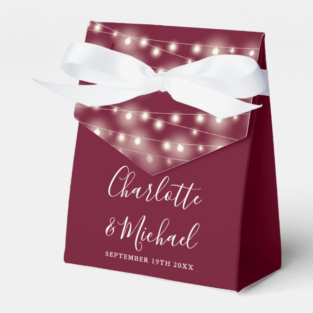 String Lights Signature Script Burgundy Wedding Favour Box (Front Side)