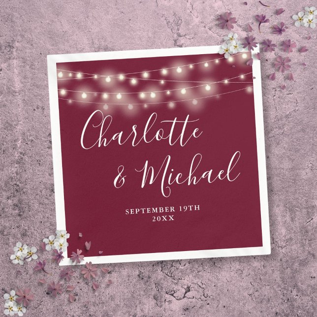 String Lights Signature Script Burgundy Wedding Napkin (String Lights Signature Script Burgundy Wedding Napkins)