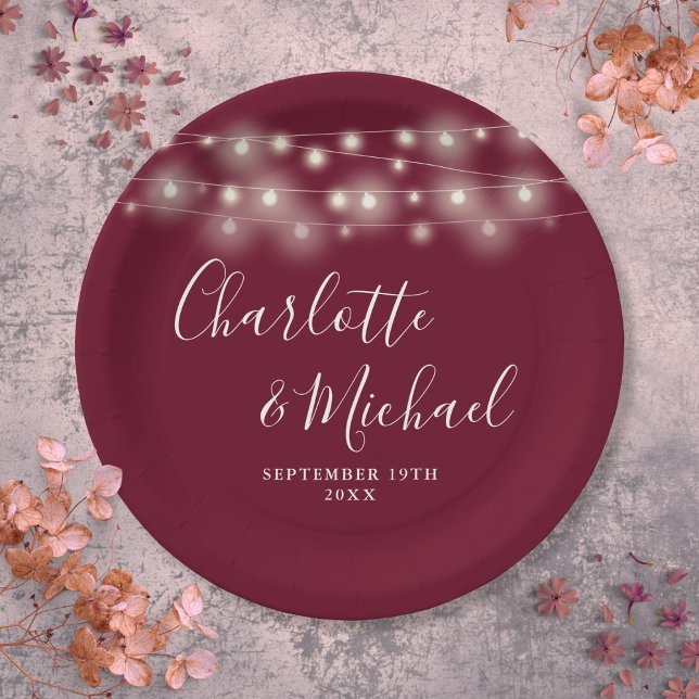 String Lights Signature Script Burgundy Wedding Paper Plate (String Lights Signature Script Burgundy Wedding Paper Plates)