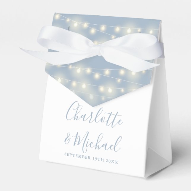 String Lights Signature Script Dusty Blue Wedding  Favour Box (Front Side)