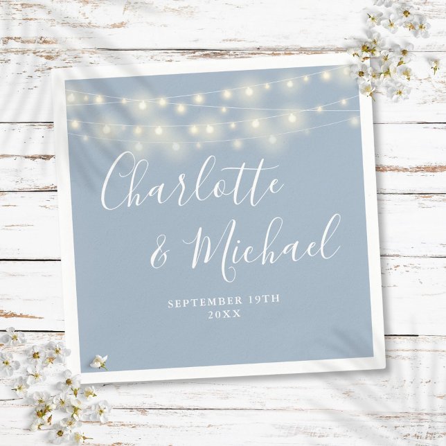 String Lights Signature Script Dusty Blue Wedding Napkin (String Lights Signature Script Dusty Blue Wedding Napkins)
