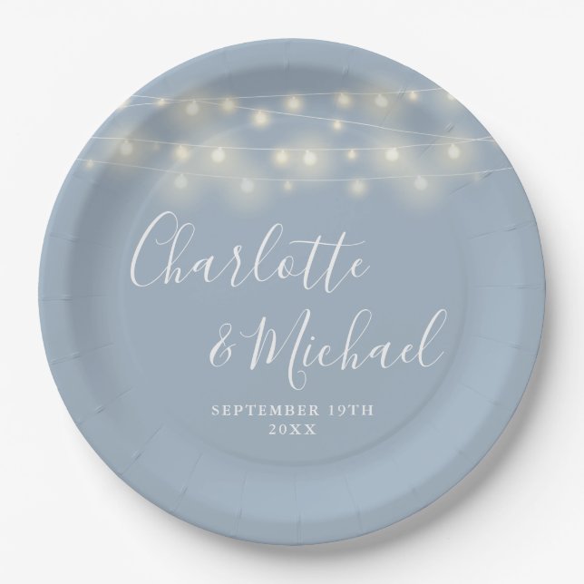 String Lights Signature Script Dusty Blue Wedding Paper Plate (Front)
