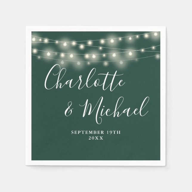 String Lights Signature Script Emerald Wedding Napkin (Front)