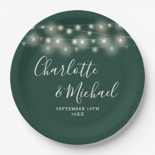 String Lights Signature Script Emerald Wedding Paper Plate