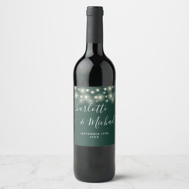 String Lights Signature Script Emerald Wedding Wine Label (Front)