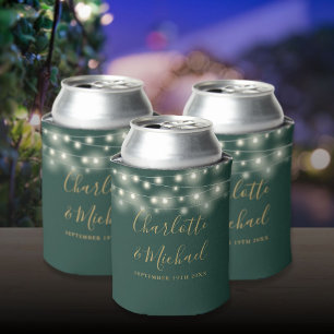 String Lights Signature Script Green Gold Wedding Can Cooler