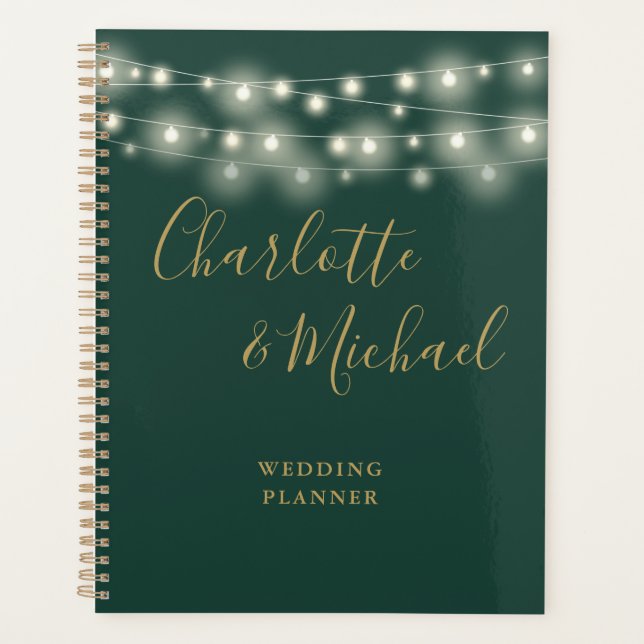 String Lights Signature Script Green Gold Wedding Planner (Front)