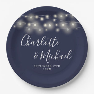 String Lights Signature Script Navy Blue Wedding Paper Plate