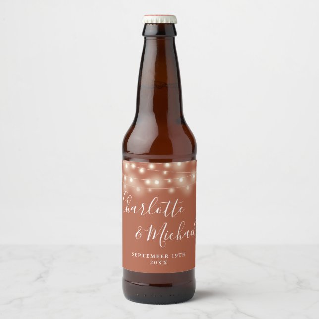 String Lights Signature Script Terracotta Wedding Beer Bottle Label (Front)