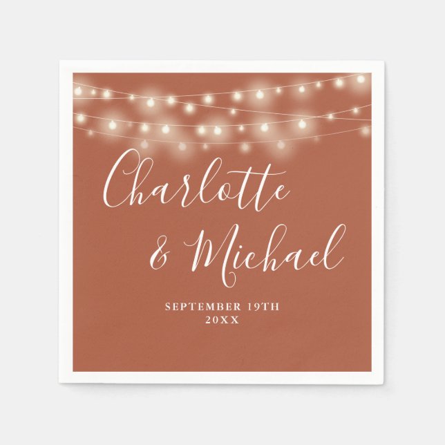 String Lights Signature Script Terracotta Wedding Napkin (Front)
