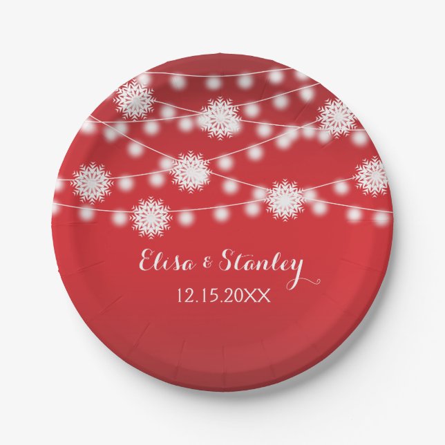 String lights, snowflakes red modern wedding paper plate (Front)