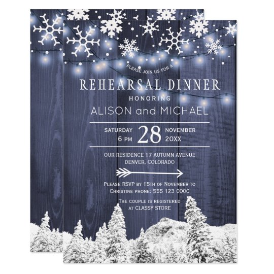 String lights snowflakes winter rehearsal dinner card