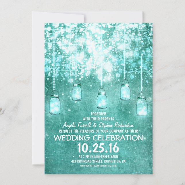 String lights sparkly mason jars wedding invites (Front)