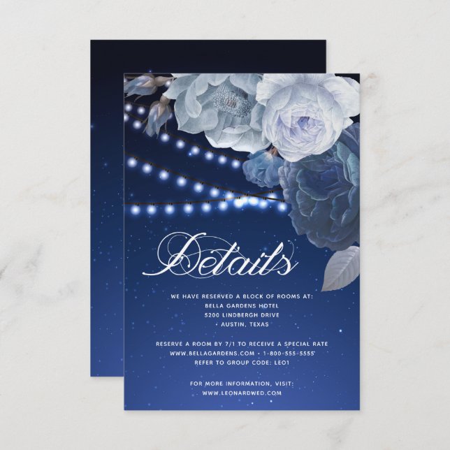 String lights stars Blue Elegant Wedding Details Invitation (Front/Back)