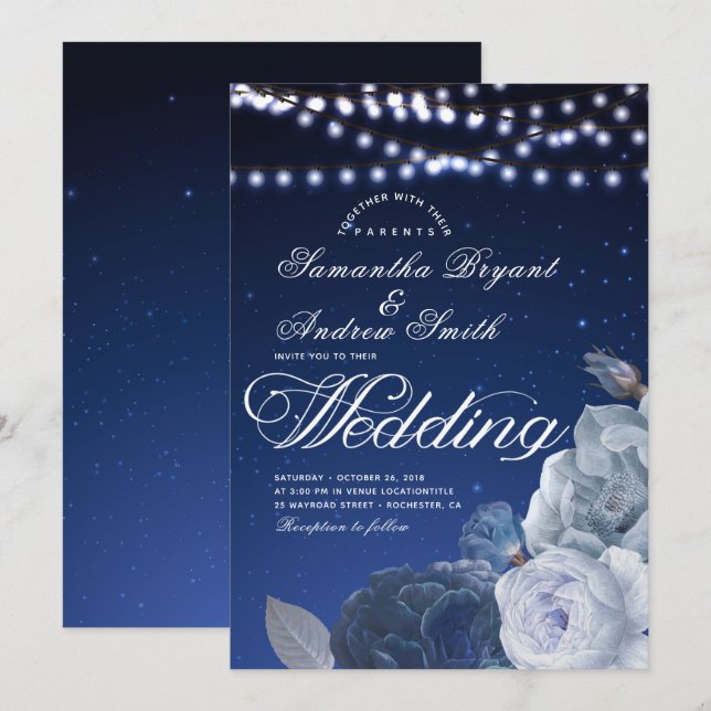 String lights stars Blue Elegant Wedding Invitation (Front/Back)
