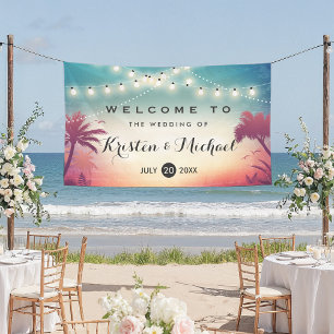 String Lights Summer Palm Trees Wedding Party Banner