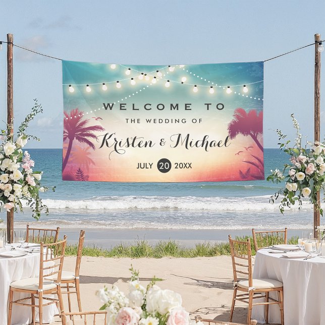 String Lights Summer Palm Trees Wedding Party Banner (Creator Uploaded)