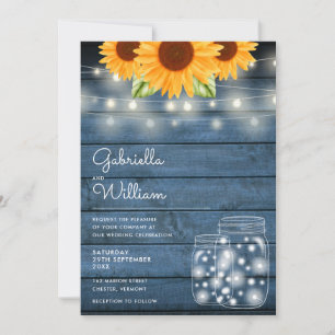 String Lights Sunflower Mason Jars Rustic Wedding Invitation