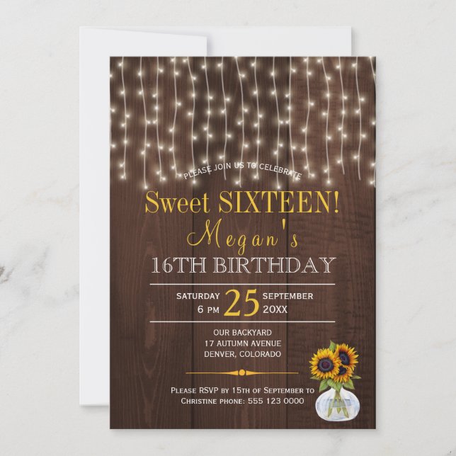 String lights sunflowers chic rustic sweet sixteen invitation (Front)