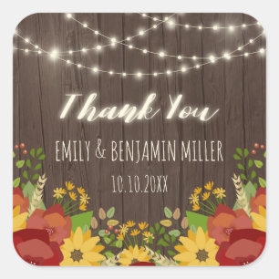 String Lights & Sunflowers Rustic Thank You Square Sticker