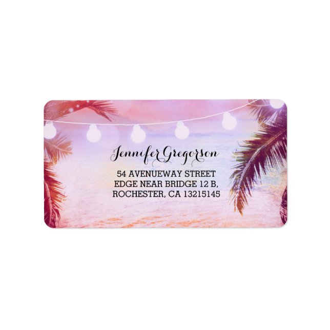 String Lights Sunset Beach Purple Wedding Label (Front)