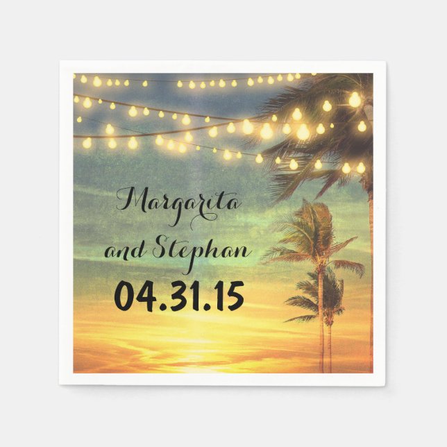 String Lights Sunset Beach Wedding Napkin (Front)