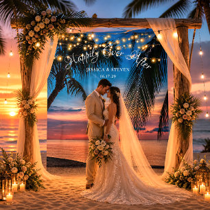 String Lights Sunset Palm Beach Wedding Backdrop Tapestry