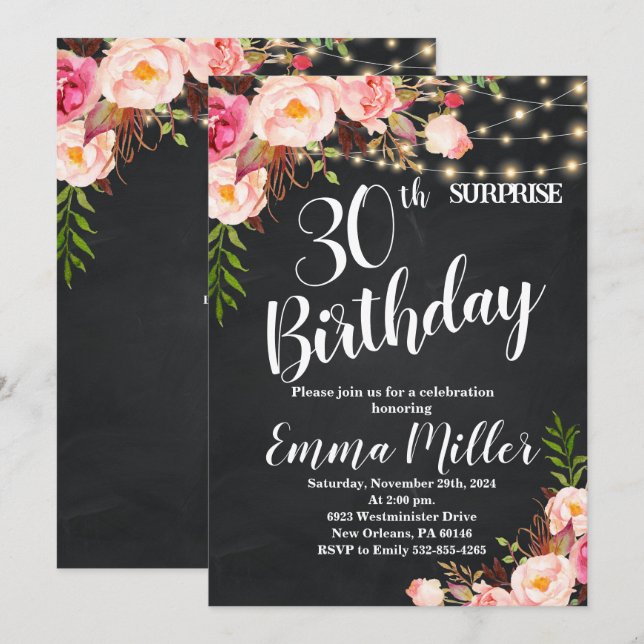 String Lights Surprise 30th Birthday Chalkboard Invitation (Front/Back)