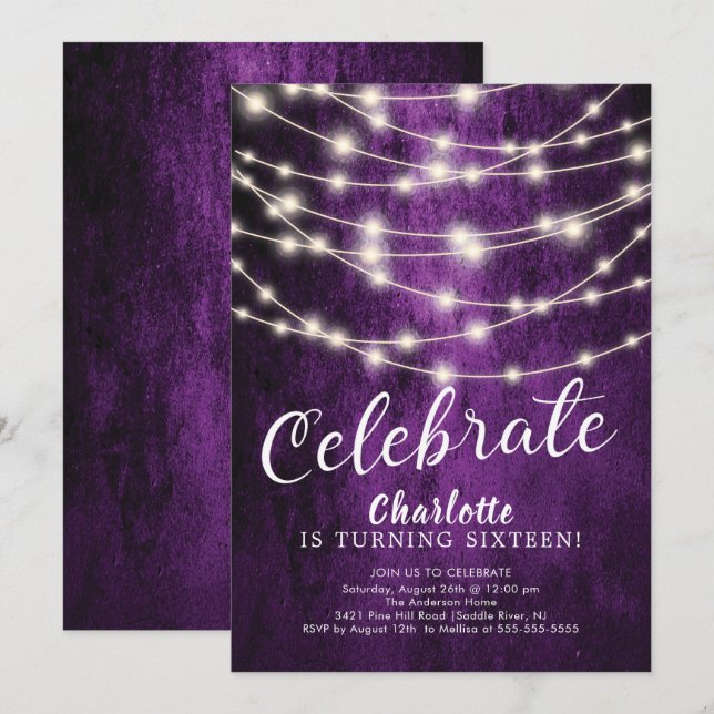String Lights Sweet 16th Birthday Invitation (Front/Back)