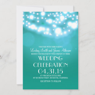 String lights teal blue elegant wedding invites