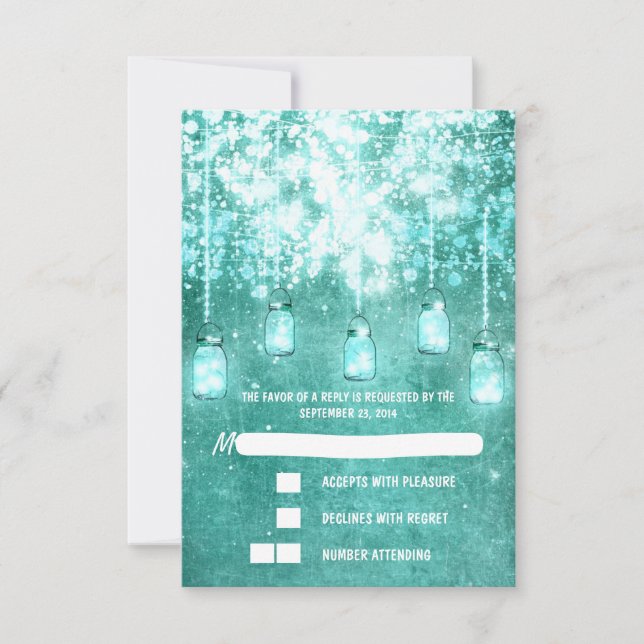 String lights teal mason jars wedding RSVP cards (Front)