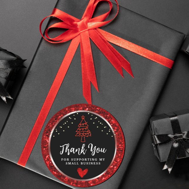 String Lights Thank you Black and Red Classic Round Sticker (#ModernRedChristmas #merry christmashappynewyear #ChristmasSparkling #treechristmas #lights #party)
