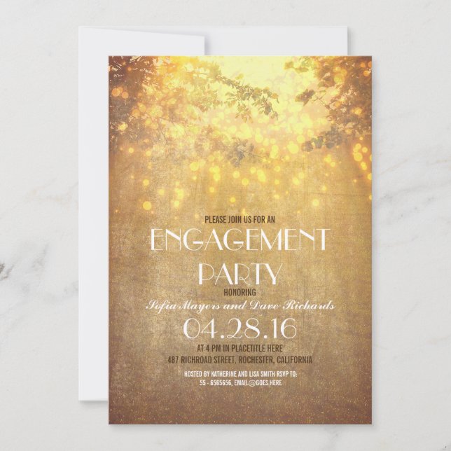 String Lights Tree Branch Rustic Engagement Party Invitation (Front)